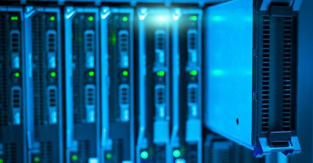 Detailed view of a server rack with a focus on technology and data storage.