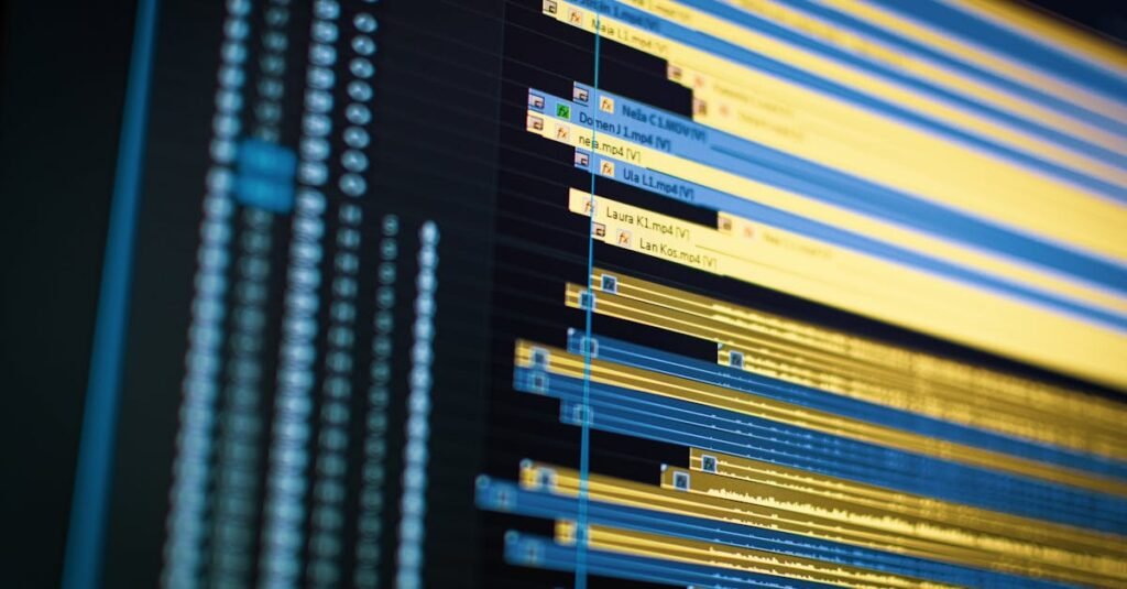 Close-up of a video editing timeline on a computer screen, showcasing modern technology.