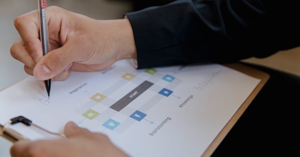 Close-up of a person writing on a business strategy document with a pen.